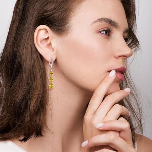 Walmart Black Friday Deals 2025 - Juwaliy Women Dangle  November Citrine Color 925 Silver Birthstone 3-stone Leverback Earrings 5A CZ